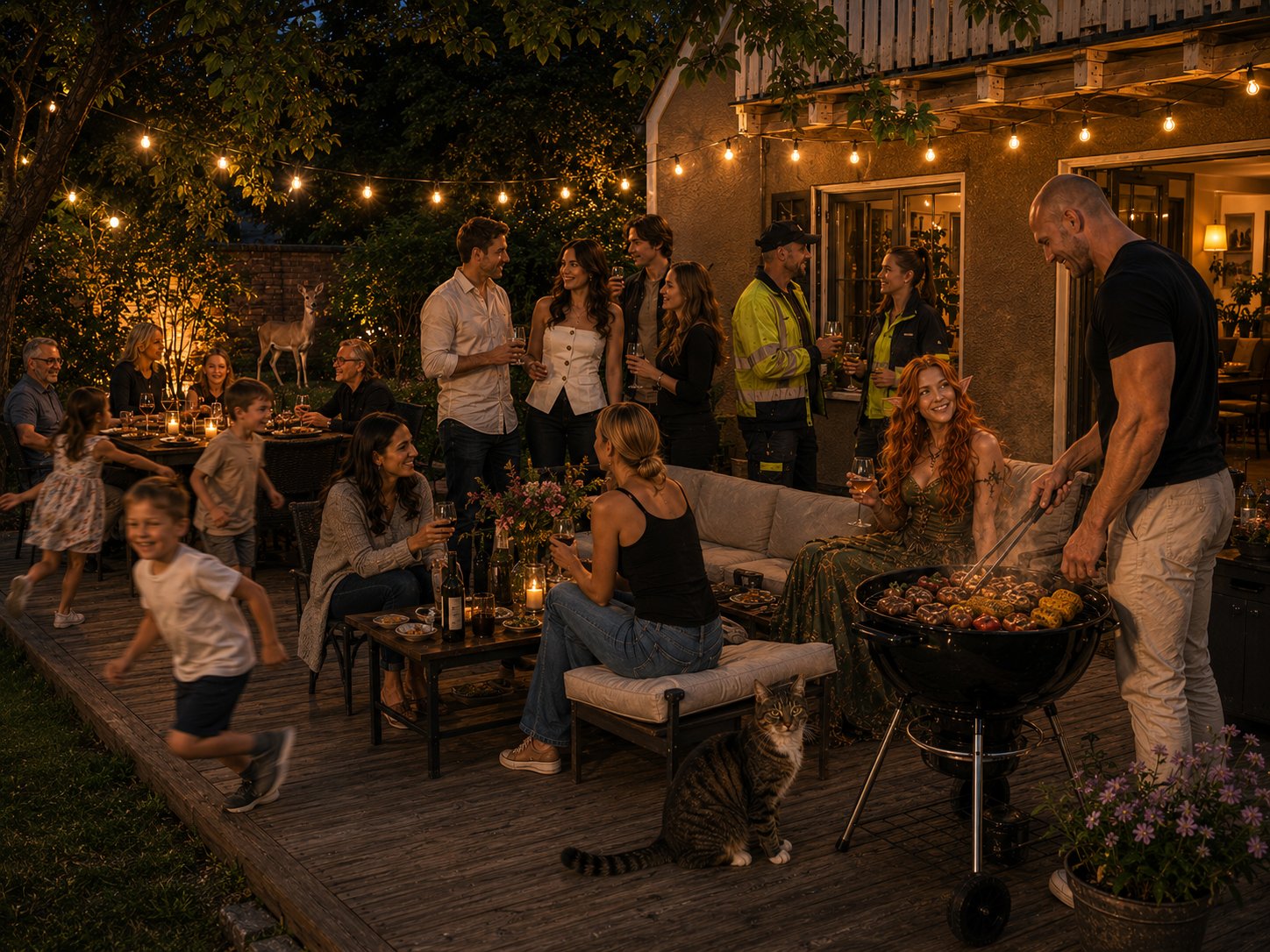Vänner samlade på altanen en sommarkväll, någon grillar